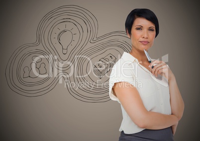 Business woman thinking against brown background with business doodle Business woman thinking against brown background with business doodle