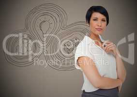 Business woman thinking against brown background with business doodle