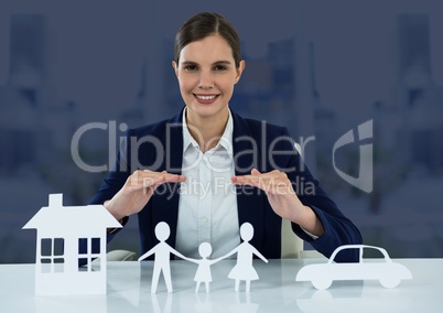 Cut outs of insurance with woman over blue background