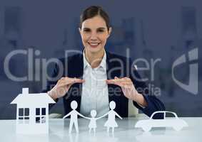 Cut outs of insurance with woman over blue background