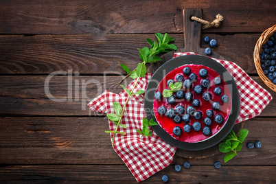 Blueberry cake with fresh berries and marmalade, cheesecake