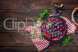 Blueberry cake with fresh berries and marmalade, cheesecake