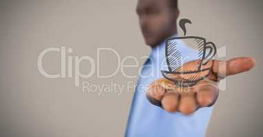 Business man with brown coffee graphic in outstretched hand against brown background