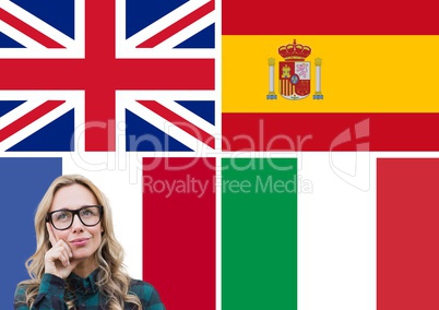 main language flags around young woman thinking