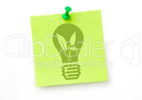 Green lightbulb graphic on green sticky note