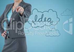 Business woman mid section pointing at blue idea graphic against blue background