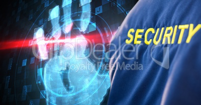 Security person with blue jacket in front of a digital hand