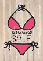 Summer sale text and pink bikini against decking