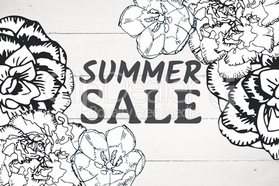 Summer sale text and white flower graphics against white wood panel