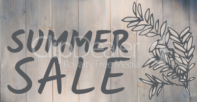 Grey summer sale text and grey leaf graphic against grey wood panel