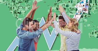 Digital image of hipsters giving high five while standing against graphical background