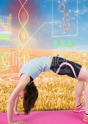 woman doing gymnastic with futuristic dna chain behind in the field