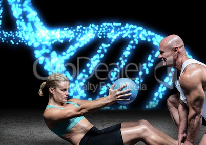 couple doing exercise blue lights dna chain