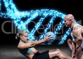 couple doing exercise blue lights dna chain