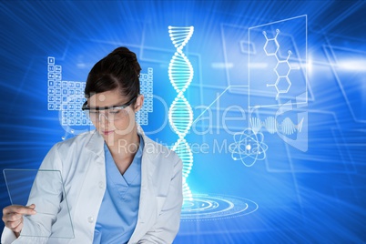Medical models wearing safety glasses looking at microscope slide against blue graphics background