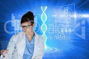 Medical models wearing safety glasses looking at microscope slide against blue graphics background