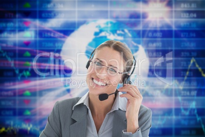 Business woman wearing Headset against technological background