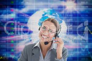 Business woman wearing Headset against technological background
