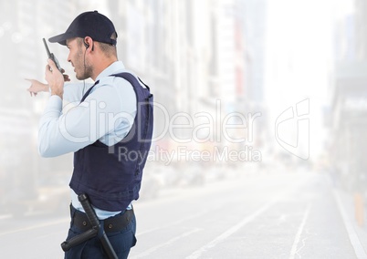 Security man on bright background of city street