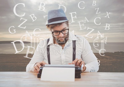 Hipster man  on typewriter with sea hill landscape and letters