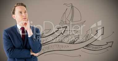 Business man thinking against brown background and boat graphic