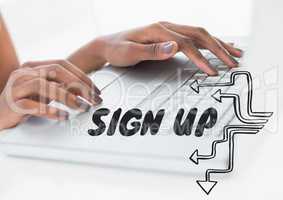 Sign up text against hands on laptop