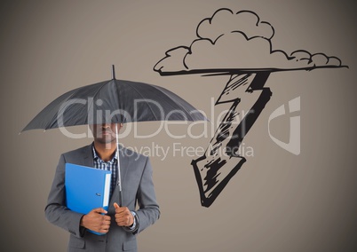 Business man under umbrella against storm graphic and brown background