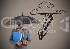 Business man under umbrella against storm graphic and brown background