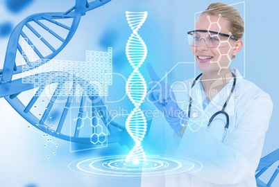 Medical models wearing glasses and white coat against DNA graphics background