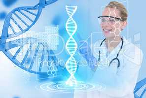 Medical models wearing glasses and white coat against DNA graphics background