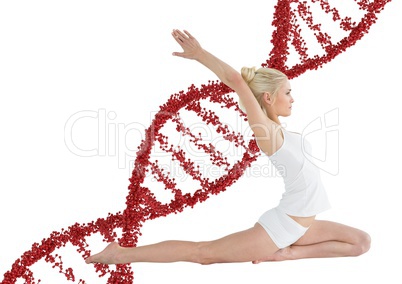 woman doing stretching  with red dna chain behind  her