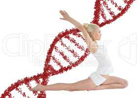 woman doing stretching  with red dna chain behind  her