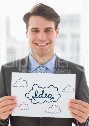 blue idea doodles on card held by business man smiling