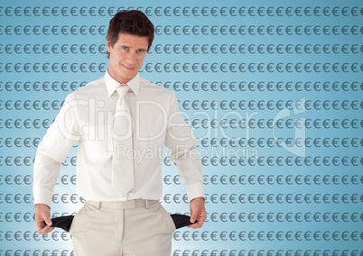man with white suit and with empty pockets. Blue background with euro