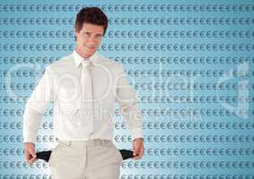 man with white suit and with empty pockets. Blue background with euro
