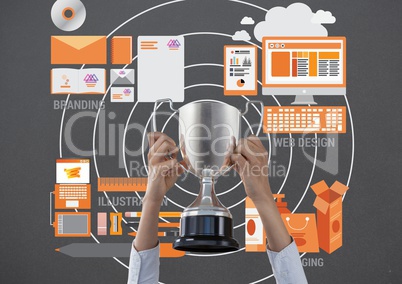 business hand with trophy, grey wall with graphic about business