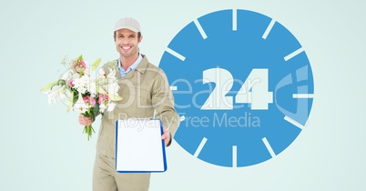 Casual man with a form and flowers in front of a drawing of clock