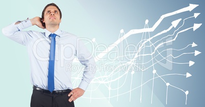 Business man scratching head against blue background with white graph