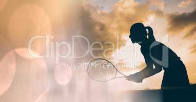 Woman tennis player silhouette and peach bokeh transition