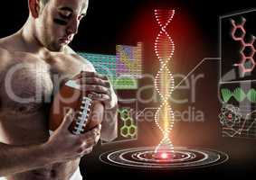 rugby player with futuristic dna chain behind him. Black background