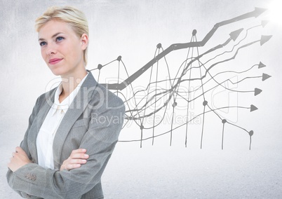 Business woman thinking against graph doodle and white background with flare