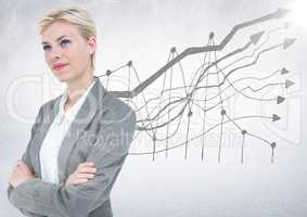 Business woman thinking against graph doodle and white background with flare