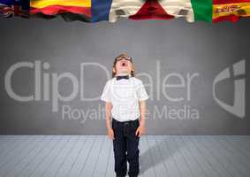 main language flags over a boy.