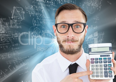 Man with calculator against blue motion blur with math doodles