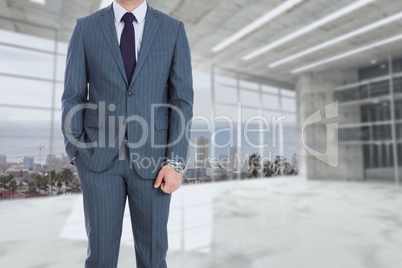 business man is holding on with a hand in the pockets against room background