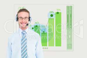 businessman wearing Head set against graphics background