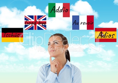 main language flags with waves around young woman thinking. Sky background
