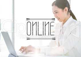Black online text against business woman at laptop next to bright window