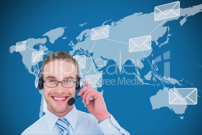 Businessman with hands free in front of digital mapworld