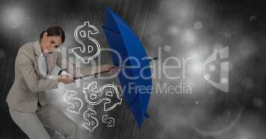 Business woman with umbrella gathering money graphics against storm